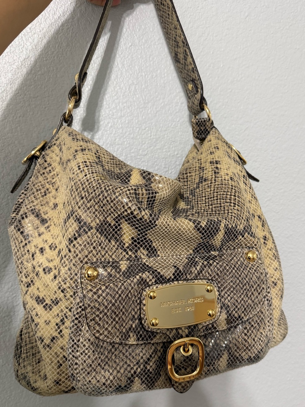 Michael Kors Snake-Print Hobo in Beige and Brown with Gold Hardware - Picture 1 of 12